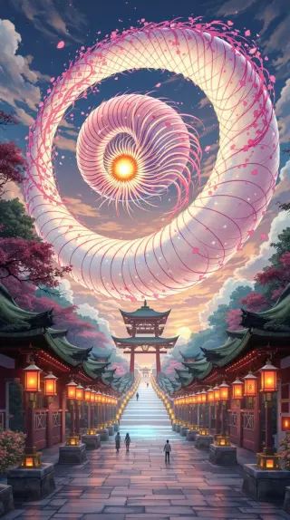 Giant pink spiral serpent circling the sky above a lantern-lined shrine path