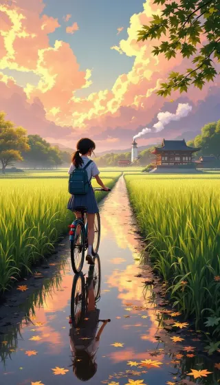 Schoolgirl cycling along a wet path between bright green rice fields