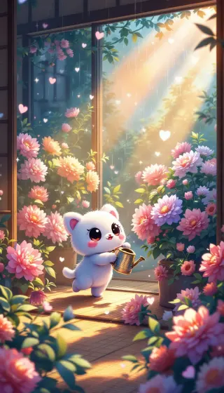 Tiny white creature watering pink flowers in a sunbeam by the window