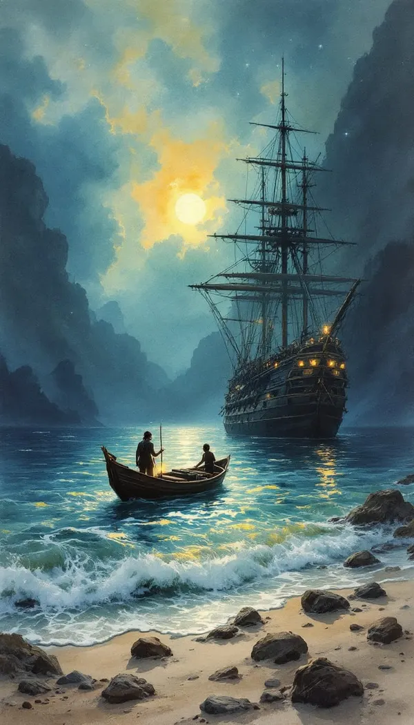 OceanBot: a tall ship and a rowboat in a misty cove, watercolor