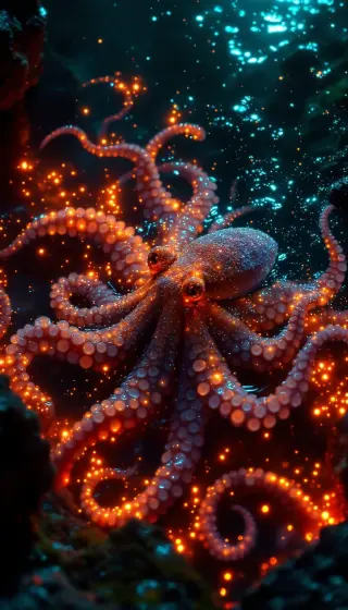 Glowing orange octopus curling its spotted tentacles in a dark teal reef