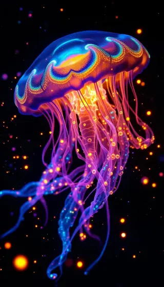 Rainbow jellyfish trailing glowing magenta tentacles through the dark deep sea