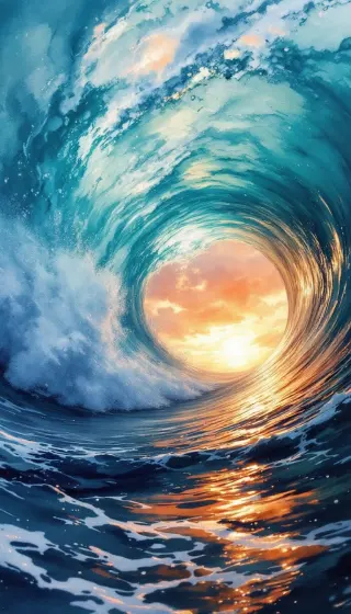 Curling turquoise wave framing a blazing orange sunset inside its tube