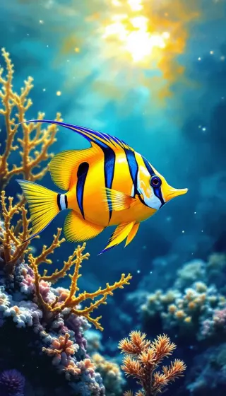 Bright yellow striped butterflyfish swimming past golden coral in sunlit water
