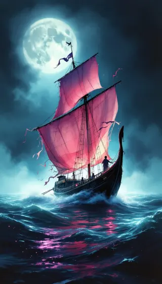 Wooden ship with pink sails riding stormy waves under a full moon