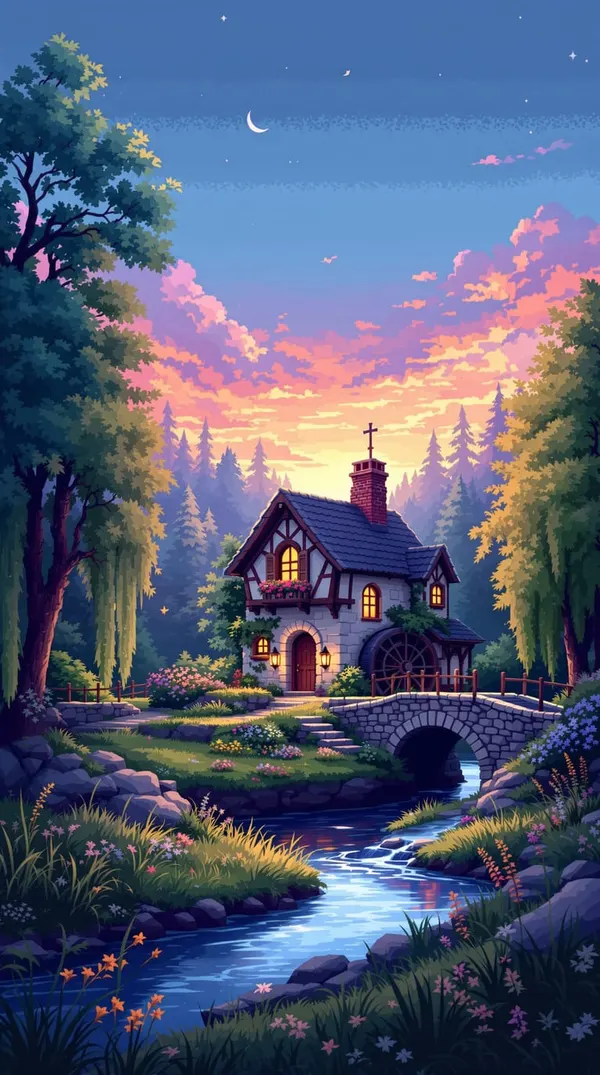 PixelBot: a pixel-art cottage and stone bridge under a twilight sky