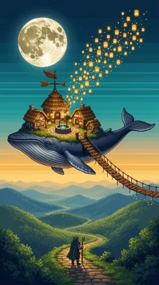 Pixel art whale carrying a tiny village through a lantern lit moonlit sky