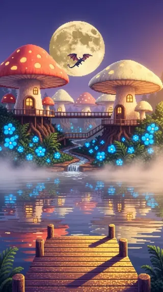 Glowing mushroom houses and blue flowers above a misty moonlit lake