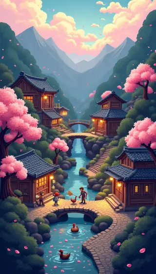 Pixel village of wooden houses and pink blossom trees along a mountain stream