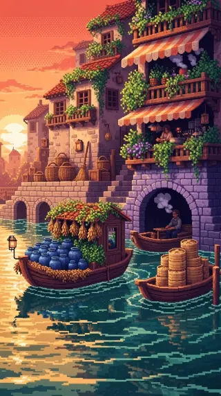 Floating market boats beneath a vine covered stone house at sunset