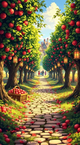 Cobblestone path through an apple orchard hung with glowing lanterns