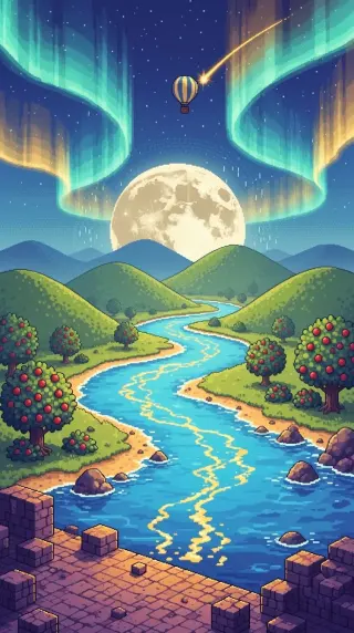 Green aurora and full moon over a winding river through rolling hills