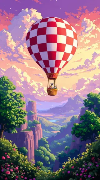 Red and white checkered hot air balloon over lush canyon cliffs