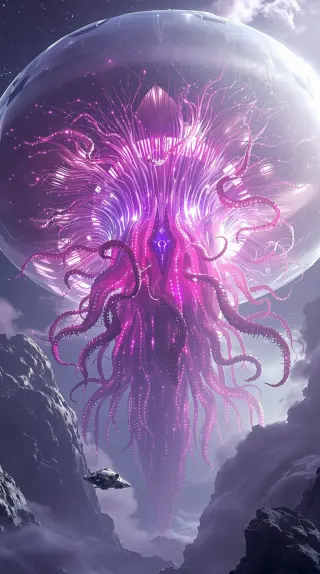 Glowing pink tentacled space creature inside a bubble above a canyon