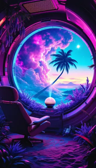 Cozy starship lounge with a round window onto a neon palm sunset
