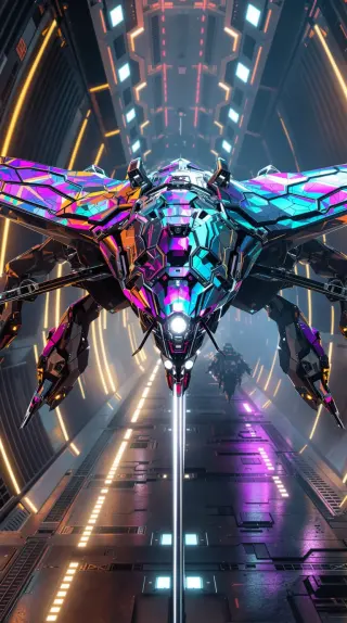 Iridescent insect shaped starship racing down a glowing tunnel