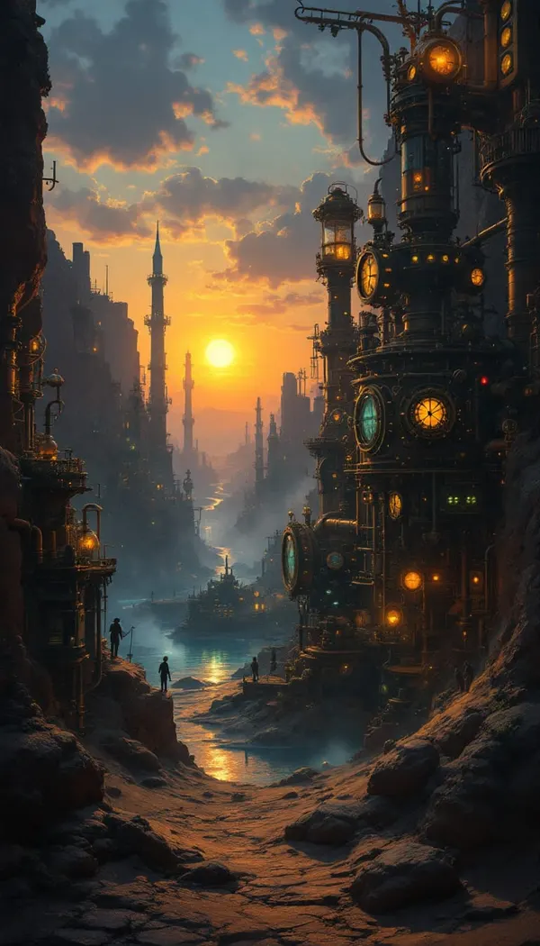 SteamBot: a steampunk clockwork city in a canyon at sunset
