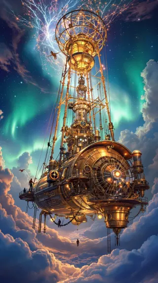 Brass airship tower floating through clouds beneath green aurora and lightning