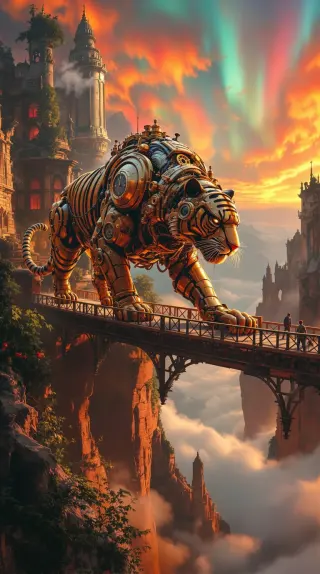Clockwork brass tiger crossing a cliff bridge under a fiery sunset sky