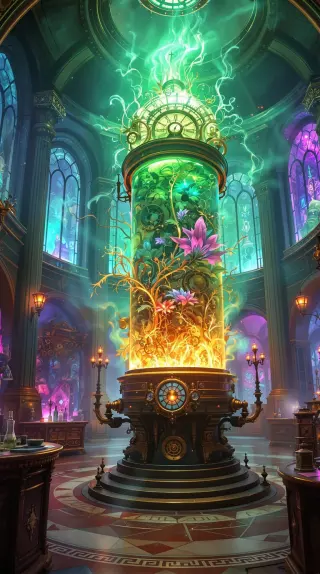 Glowing bell jar of magical flowers in a stained glass laboratory