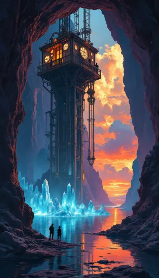 Iron clocktower lift in a sea cave with blue crystals at sunset