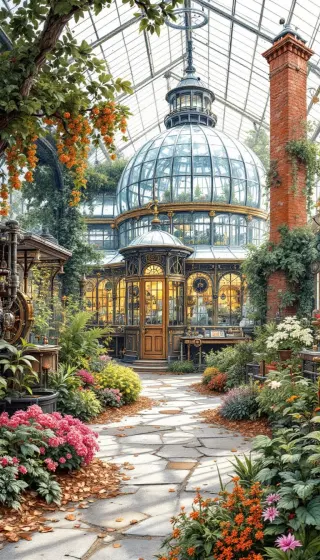 Sunlit Victorian glasshouse garden with a domed conservatory and blooming flowers