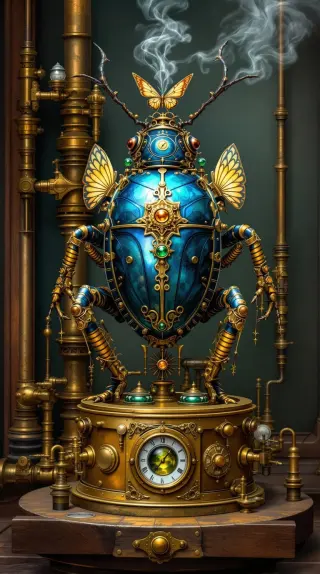 Jeweled blue beetle automaton with golden wings on a brass clock base