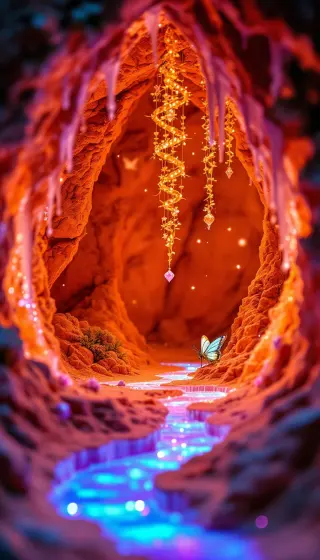 Glowing orange crystal cave with a sparkling blue stream and butterfly