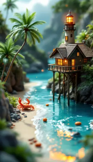 Stilt lighthouse cabin over a turquoise tropical cove with a red crab