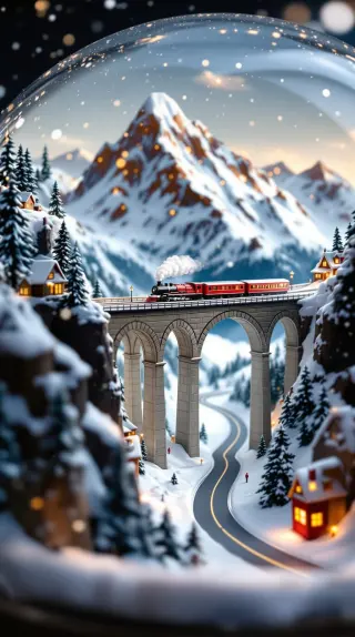 Snow globe with a red steam train crossing a stone viaduct below mountains