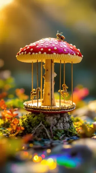 Tiny carousel under a red spotted mushroom cap in golden light