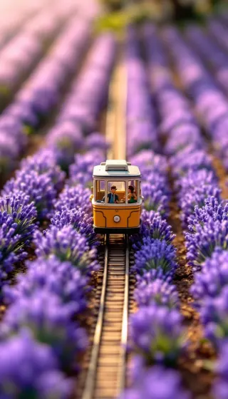 Little yellow tram rolling through rows of purple lavender