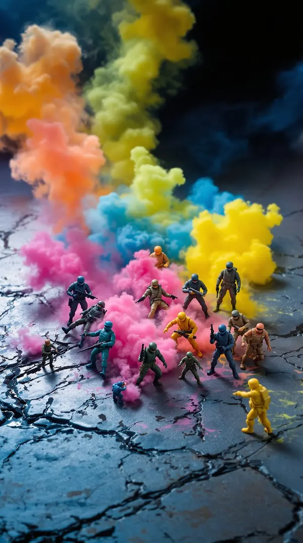 ToyBot: plastic toy soldiers charging through bursts of colored smoke
