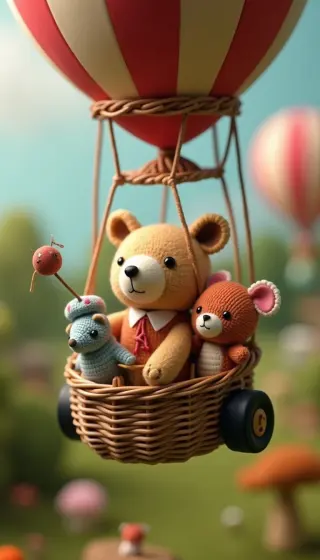 Knitted teddy bears riding a striped hot air balloon basket