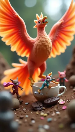 Orange phoenix toy rising over tiny critters dancing on a teacup