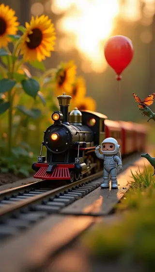 Toy steam train and little astronaut beside sunflowers and a red balloon