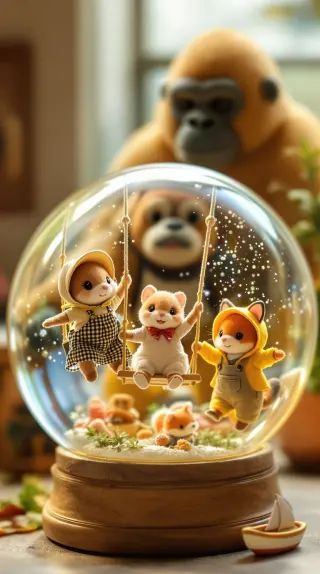 Snow globe of tiny animal dolls on a swing with sparkling flakes