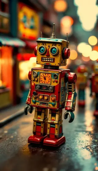 Vintage red and yellow tin robot on a glowing rainy street