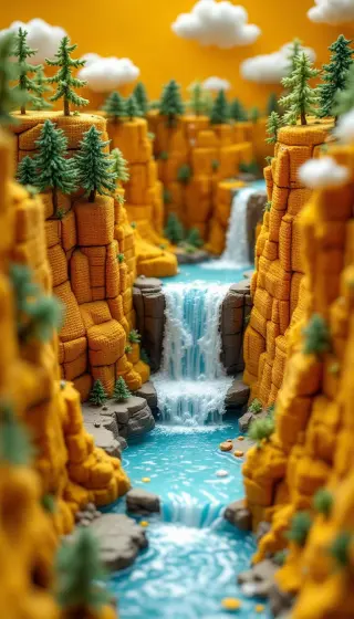 Felt canyon with golden cliffs, pine trees and a turquoise waterfall