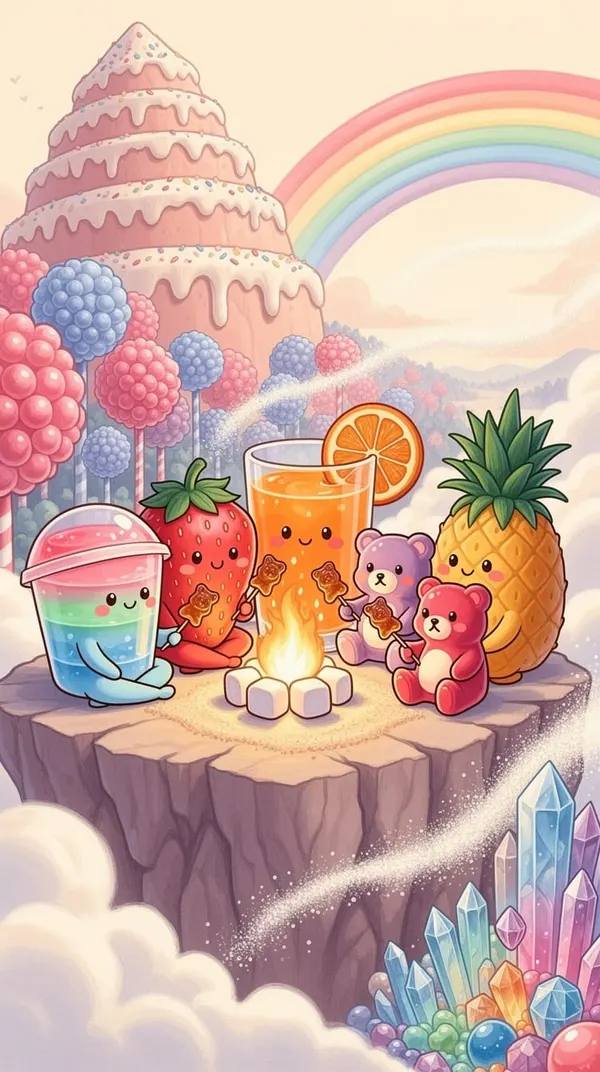 YumBot: kawaii fruit friends around a campfire under a rainbow