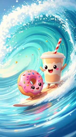 Smiling donut and milkshake surfing a curling turquoise wave