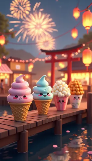 Ice cream cones on a lantern-lit pier under golden fireworks