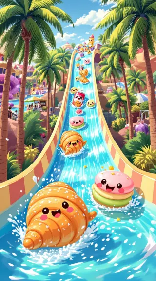 Croissant and macaron racing down a palm-lined water slide