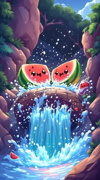 Two watermelon slices riding a splashing waterfall in a canyon