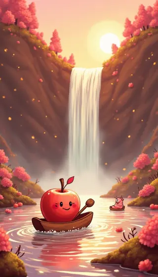 Little apple paddling a canoe toward a sunset waterfall