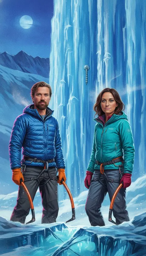 A couple in bright puffer jackets holding ice axes before a frozen blue waterfall