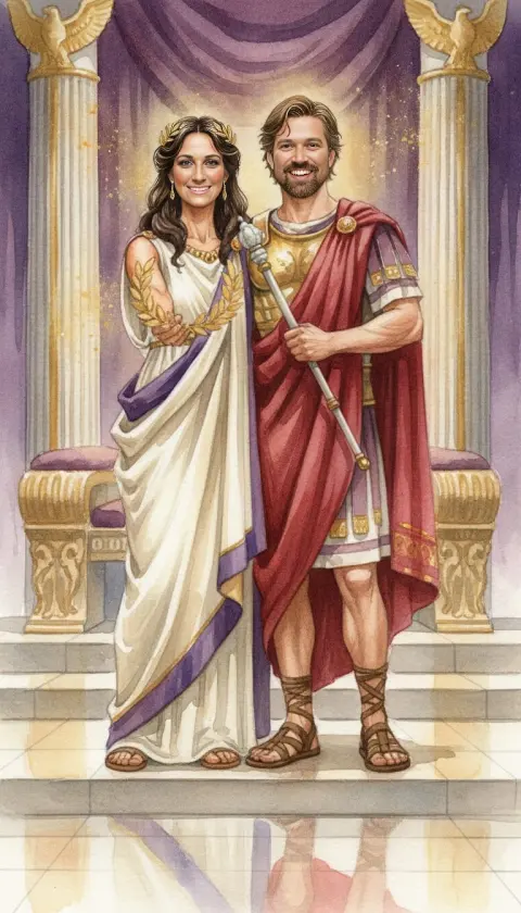 A beaming couple in ancient Roman robes before a golden throne, watercolor