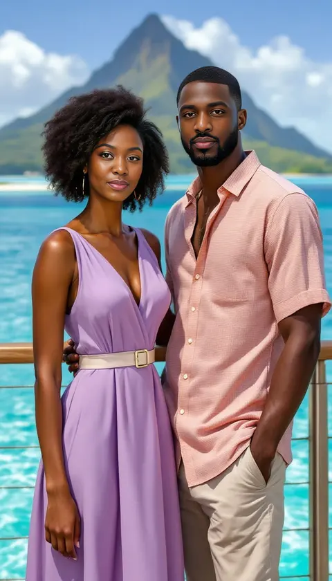 A couple on an overwater deck above a turquoise lagoon, digital painting