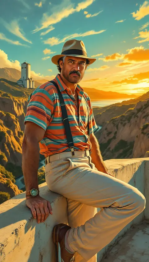 A man in a retro striped shirt sitting on a coastal wall at sunset, airbrush poster