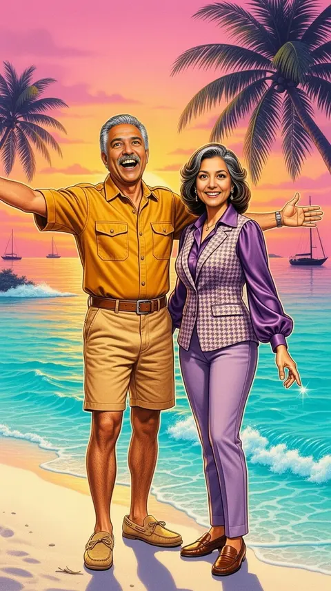 A couple cheering on a turquoise beach at a pink sunset, retro airbrush poster